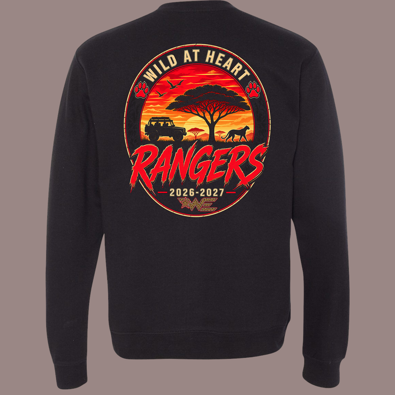 Black sweatshirt with a circular safari graphic: sunset savanna scene (jeep, tree, camel) and the text 'WILD AT HEART' and 'RANGERS 2026-2027'