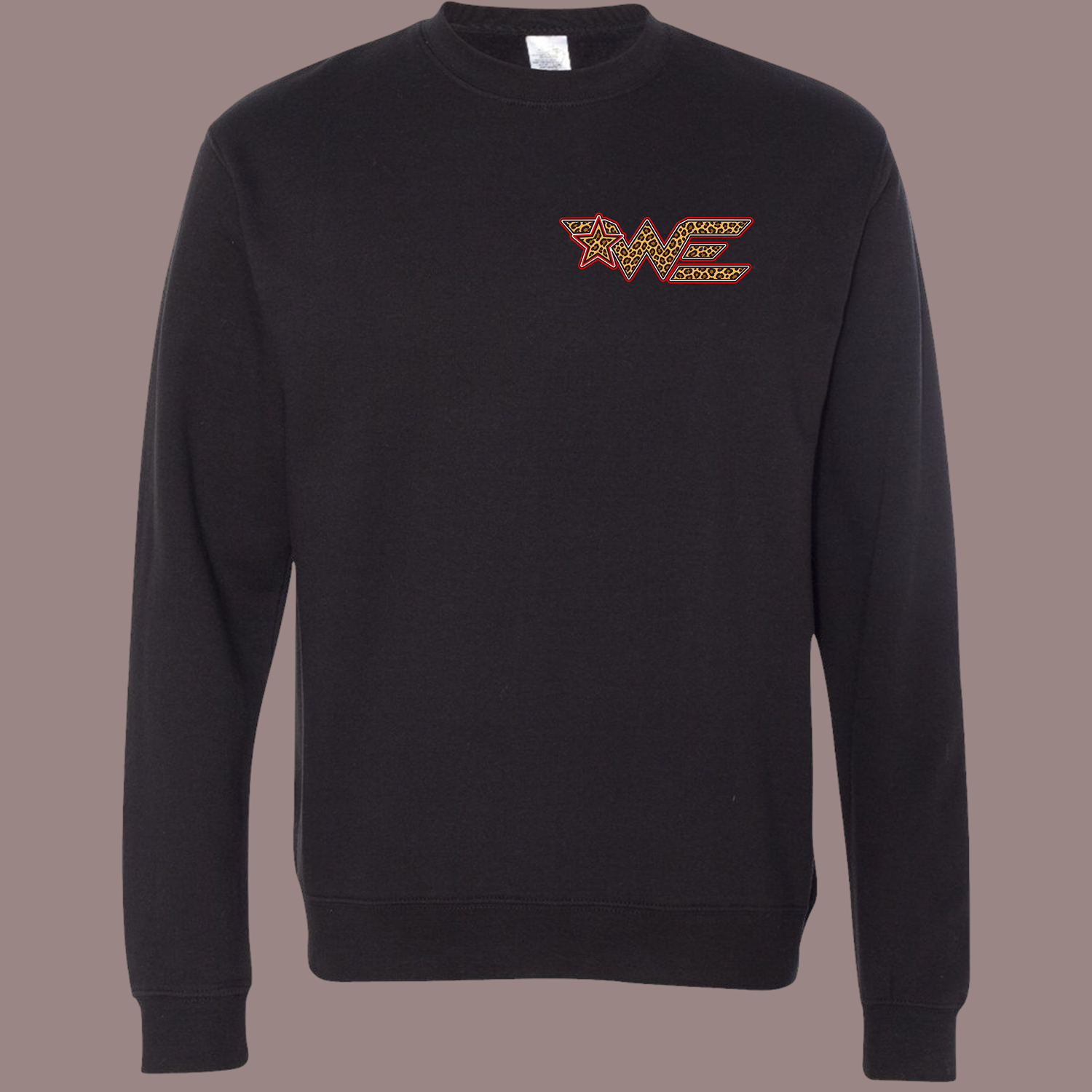 Black crewneck sweatshirt with a left-chest logo: a leopard-print 'WE' with a star motif and red outline