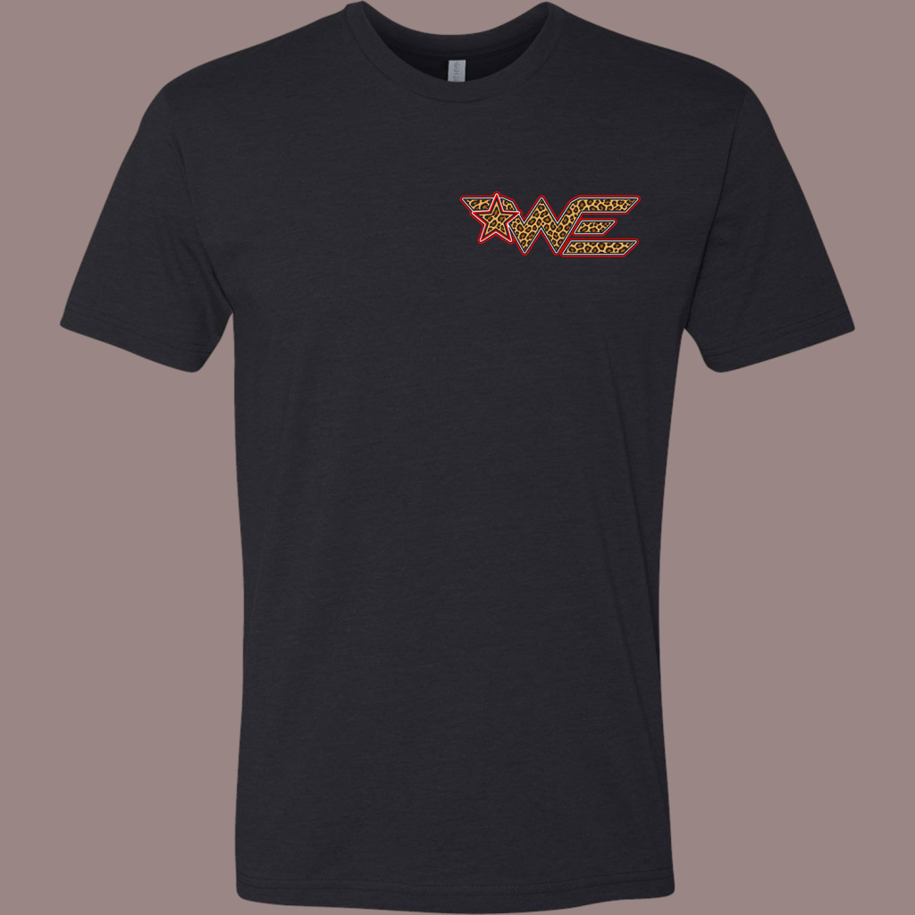 Black t-shirt featuring a leopard-print 'WE' logo outlined in red on the chest area, with a star before the letters