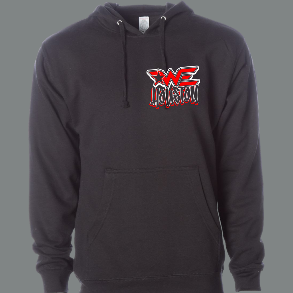 Black hoodie with a red and white 'WE Houston' logo on the left chest area with a star accent.