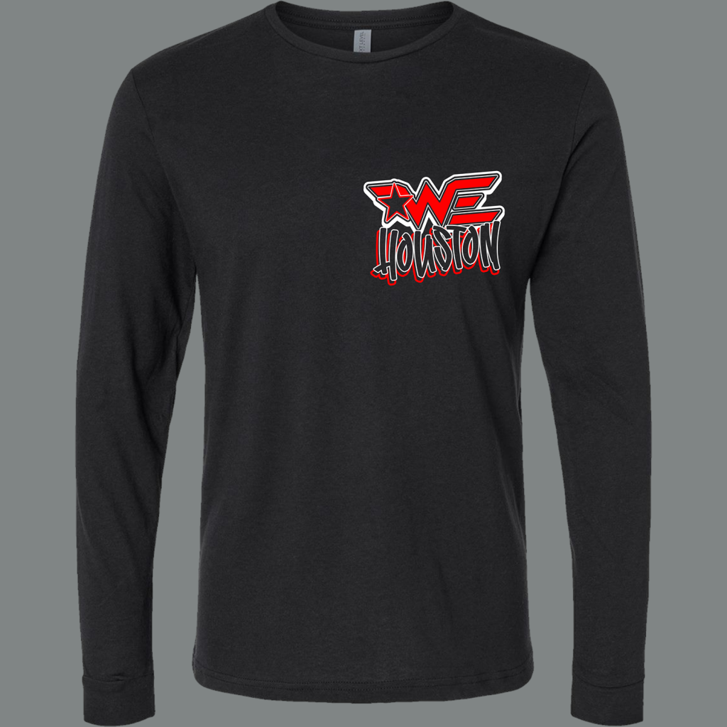 Black long-sleeve T-shirt with a red-and-white 'Houston' graphic logo on the chest, including a star motif.