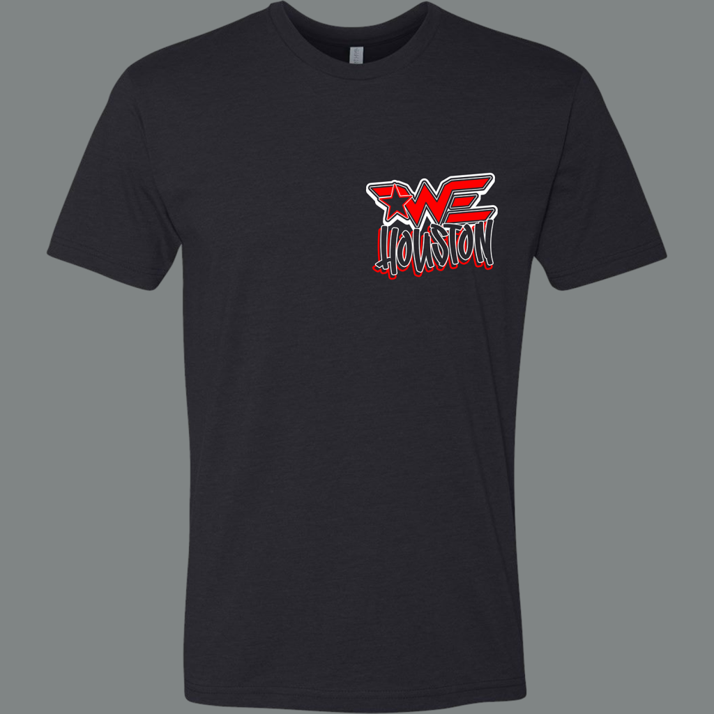 Black T-shirt displaying a bold red and white 'WE Houston' logo with a star emblem on the chest.