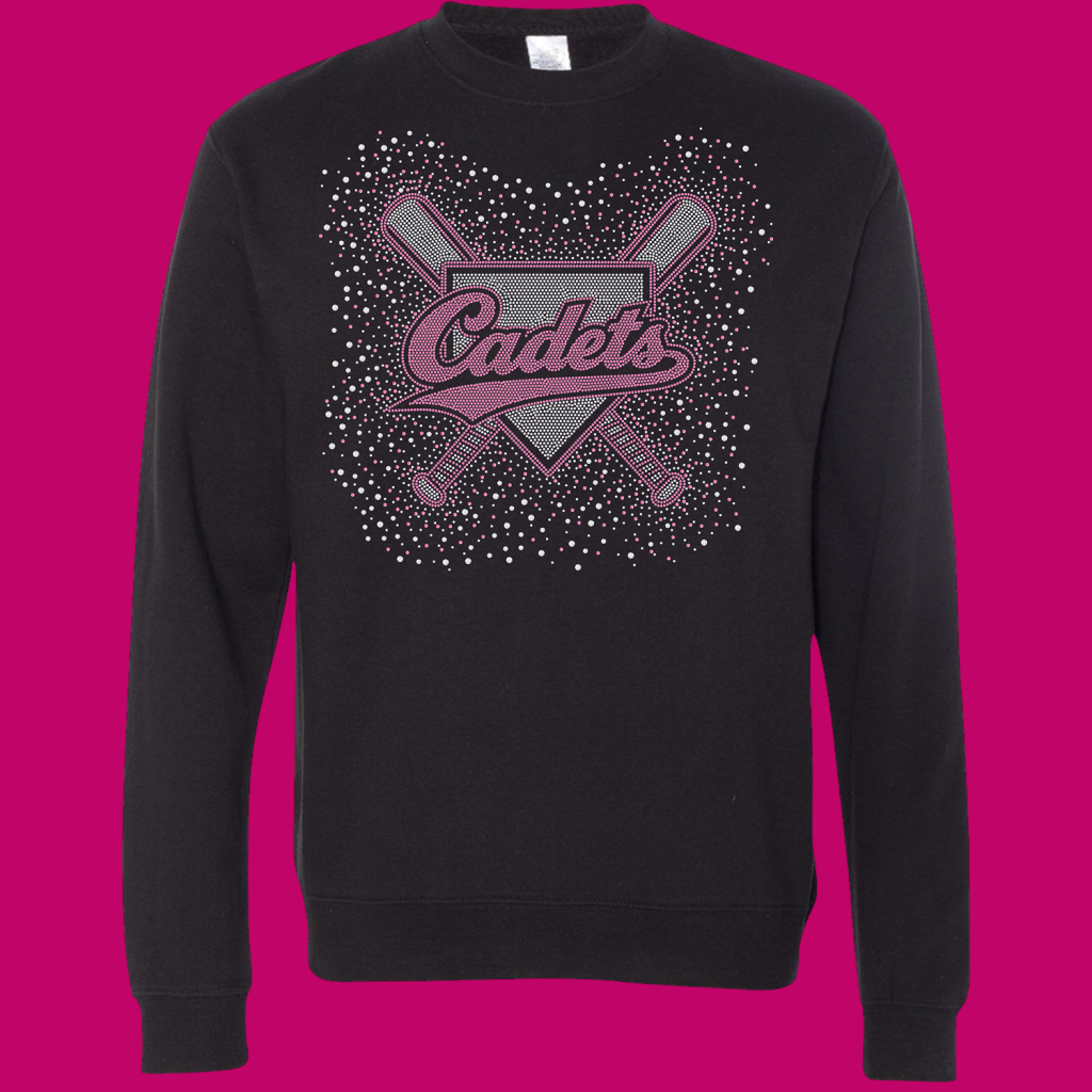 Black sweatshirt with pink rhinestone-style Cadets logo, crossed bats, and shield motif.