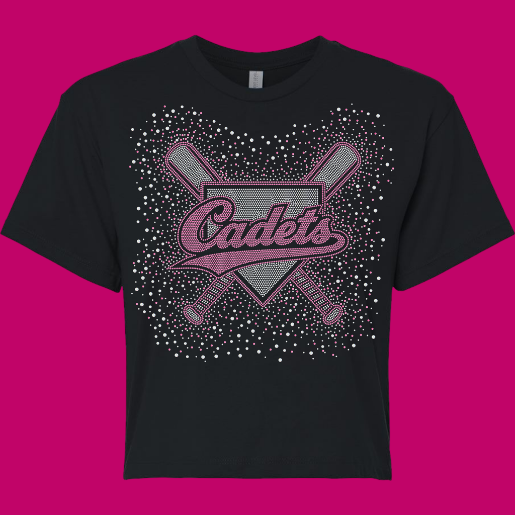 Black T-shirt with a pink rhinestone-style Cadets logo and two crossed bats behind a diamond badge.