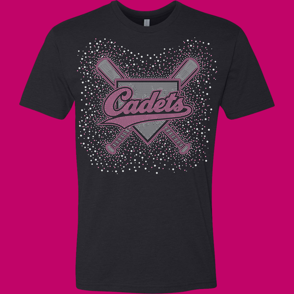 Black T-shirt with a pink rhinestone-style graphic: two crossed baseball bats over a diamond, 'Cadets' in cursive, surrounded by white dots.