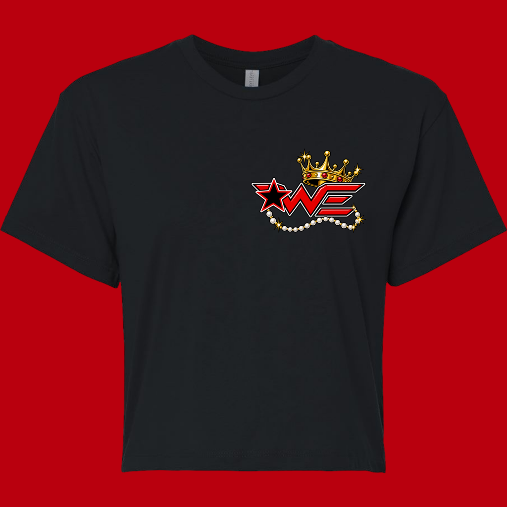 Black t-shirt with a red and gold 'WE' logo on the left chest, featuring a crown and pearl necklace detail.