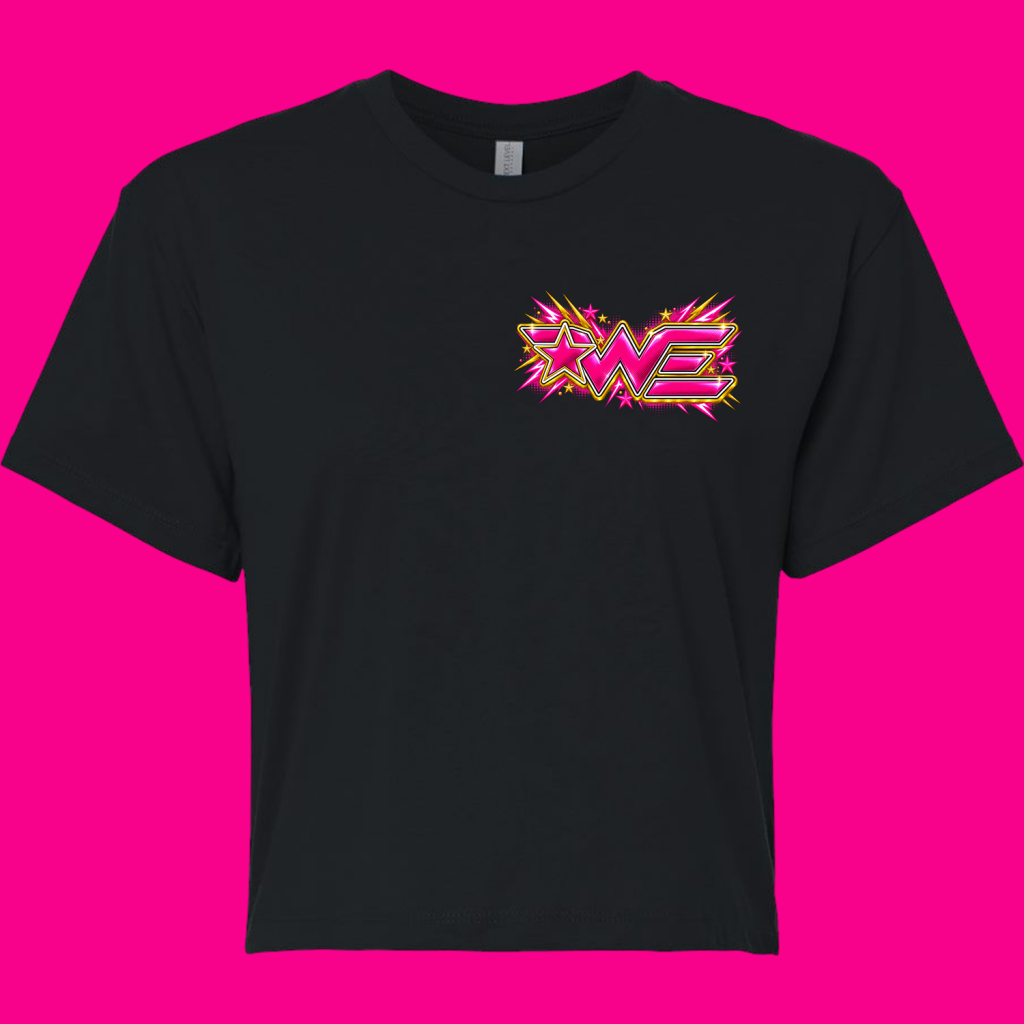 Black T-shirt with a neon pink, starburst graphic and bold letters on the left chest area.