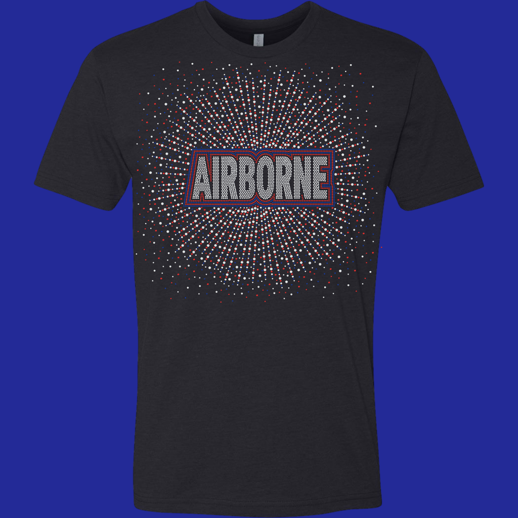 Dark T-shirt with a dotted red, white, and blue burst around the word ARBORNE in a blue-red framed rectangle.