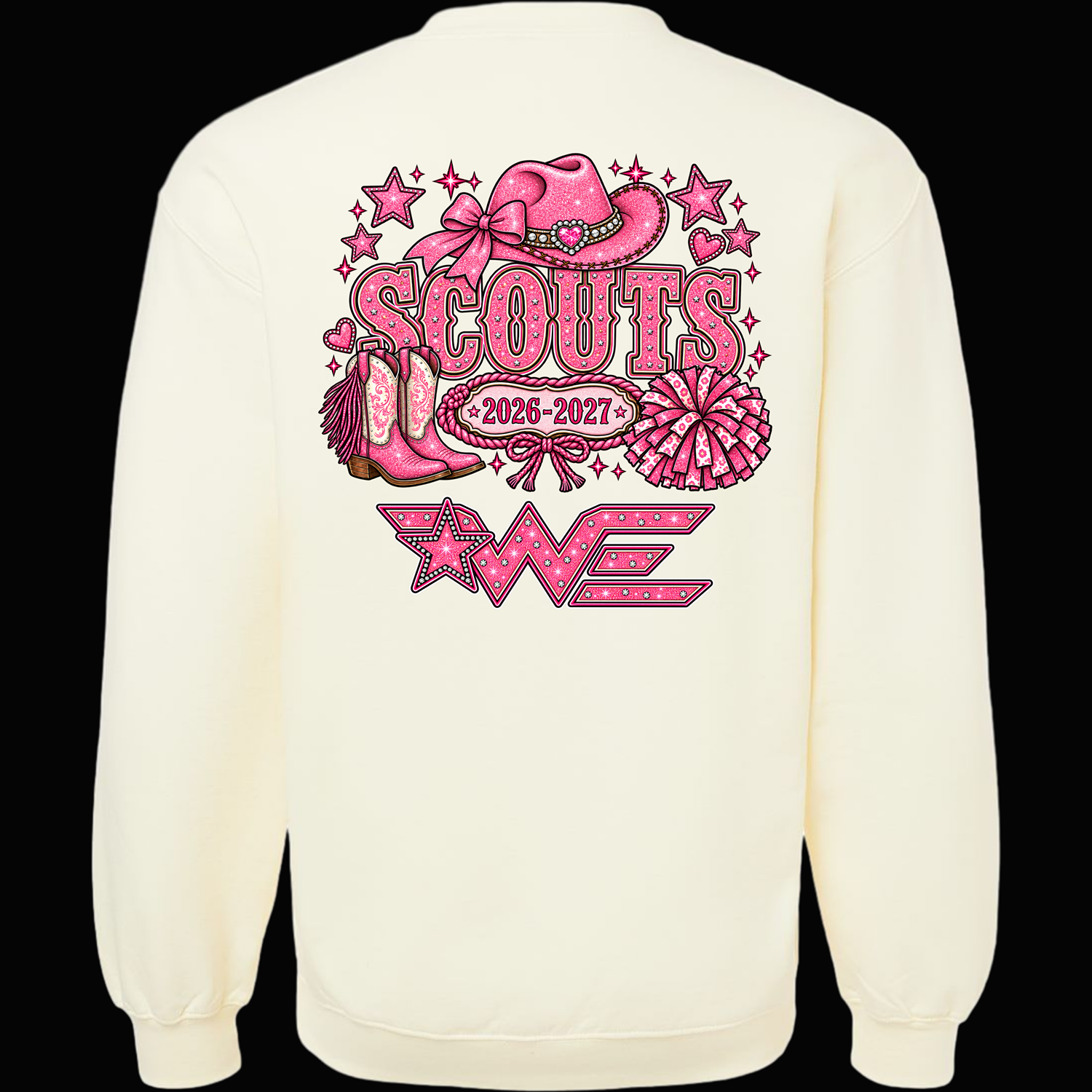 Pink glittery 'SCOUTS' graphic on a cream sweatshirt: cowboy hat, boots, pom-poms, stars, and 2026-2027 text.