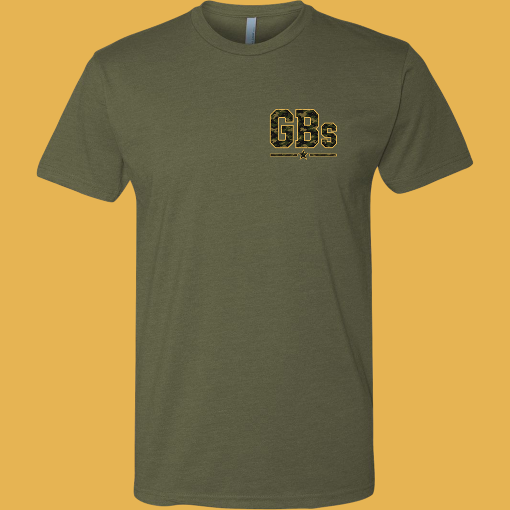 Olive green T-shirt with a camo-filled 'GBs' logo and gold outline on the chest, plus decorative lines and a star beneath.