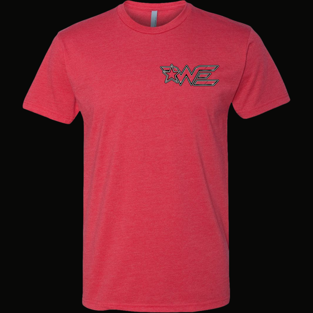 Front view of a red heathered T-shirt with a white outlined star and WE logo on the left chest area.