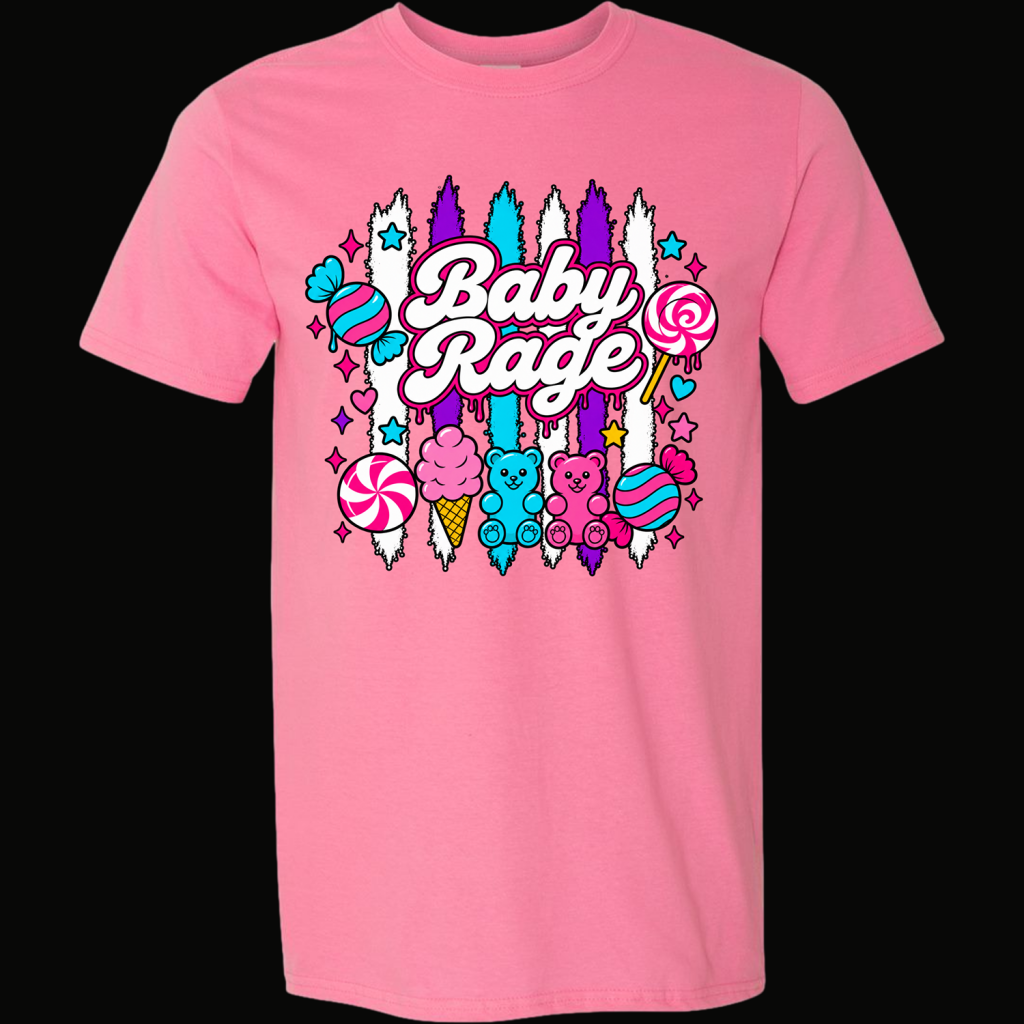 Pink T-shirt with a bright 'Baby Rage' graphic featuring colorful candies, bears, lollipops, and ice cream cones in teal, purple, and white.