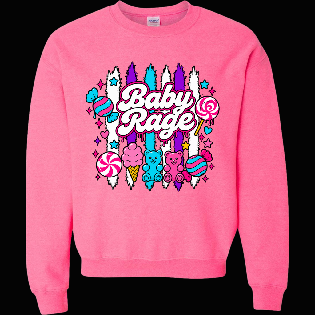 Pink sweatshirt featuring a bright graphic: the words 'Baby Rage' surrounded by candy, ice cream, lollipops, and colorful bears in blue and pink.