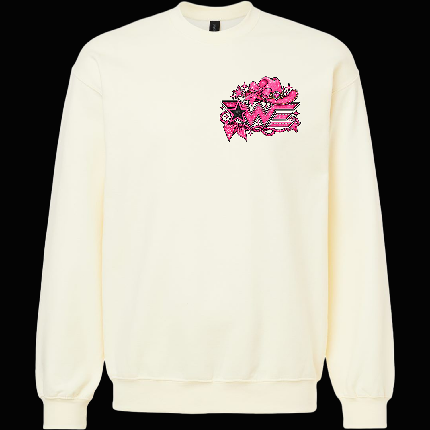 Cream-colored sweatshirt with a bold pink graphic on the chest, featuring stars, ribbons, and the word 'WOW' in a decorative design