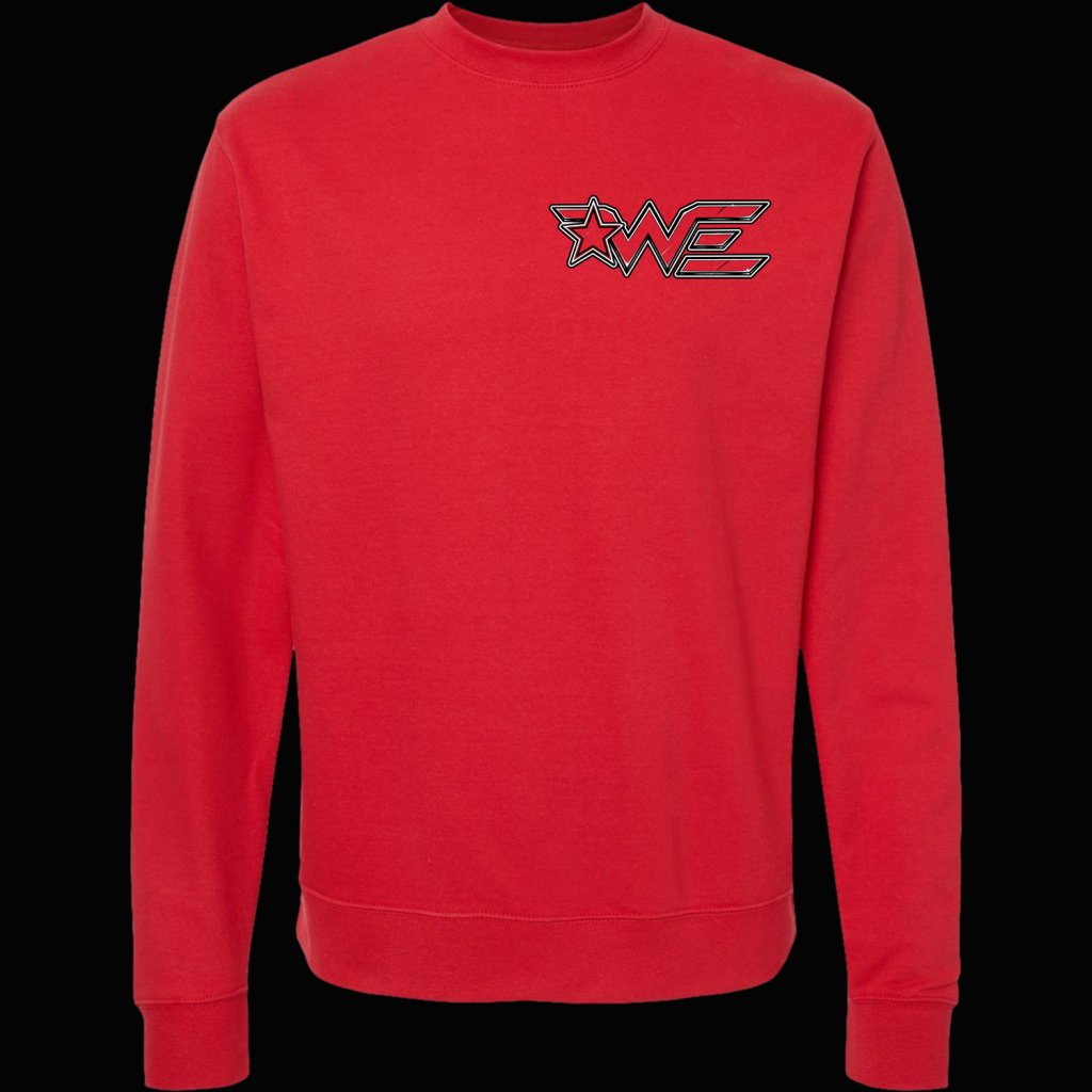Red crewneck sweatshirt with a white outlined 'OWE' logo and star on the left chest (logo detail).