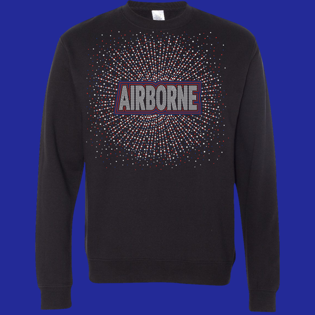 Black crewneck sweatshirt featuring a radial dot burst design in white, red, and blue around a bold ARBORNE logo in a dotted rectangle.
