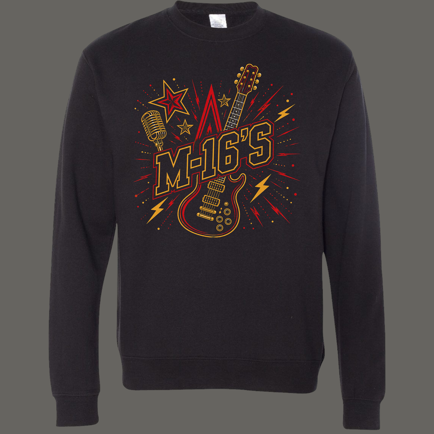 Black sweatshirt with a bold orange-yellow M-16's graphic, featuring a guitar, vintage microphone, stars, and burst lines behind it.