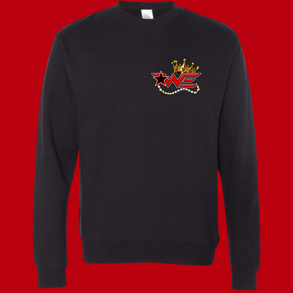 Black sweatshirt with a left-chest logo: red star, stylized letters, gold crown, and pearl chain motif on dark fabric
