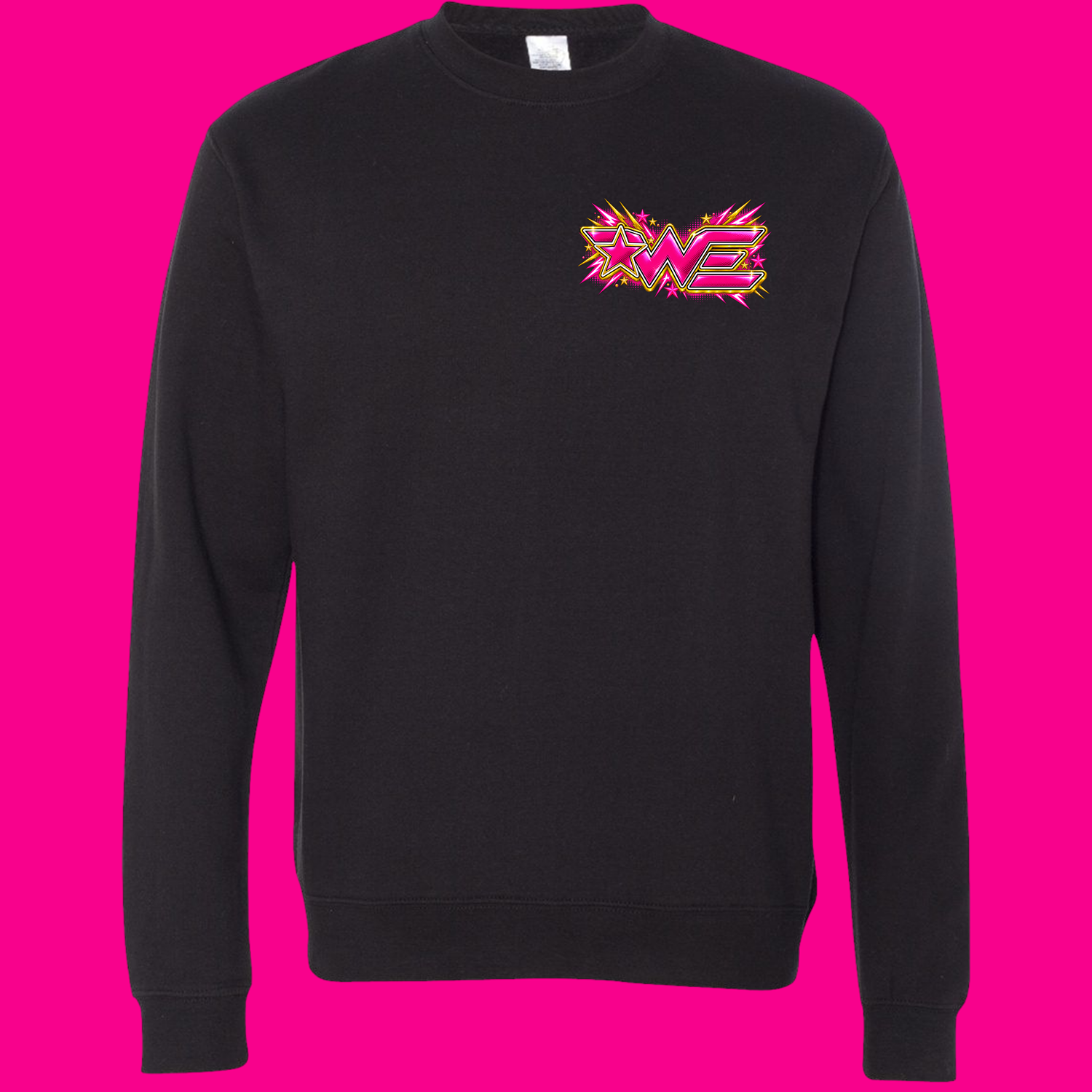 Black crewneck sweatshirt with a bright neon pink and yellow 'W2' graphic on the left chest.