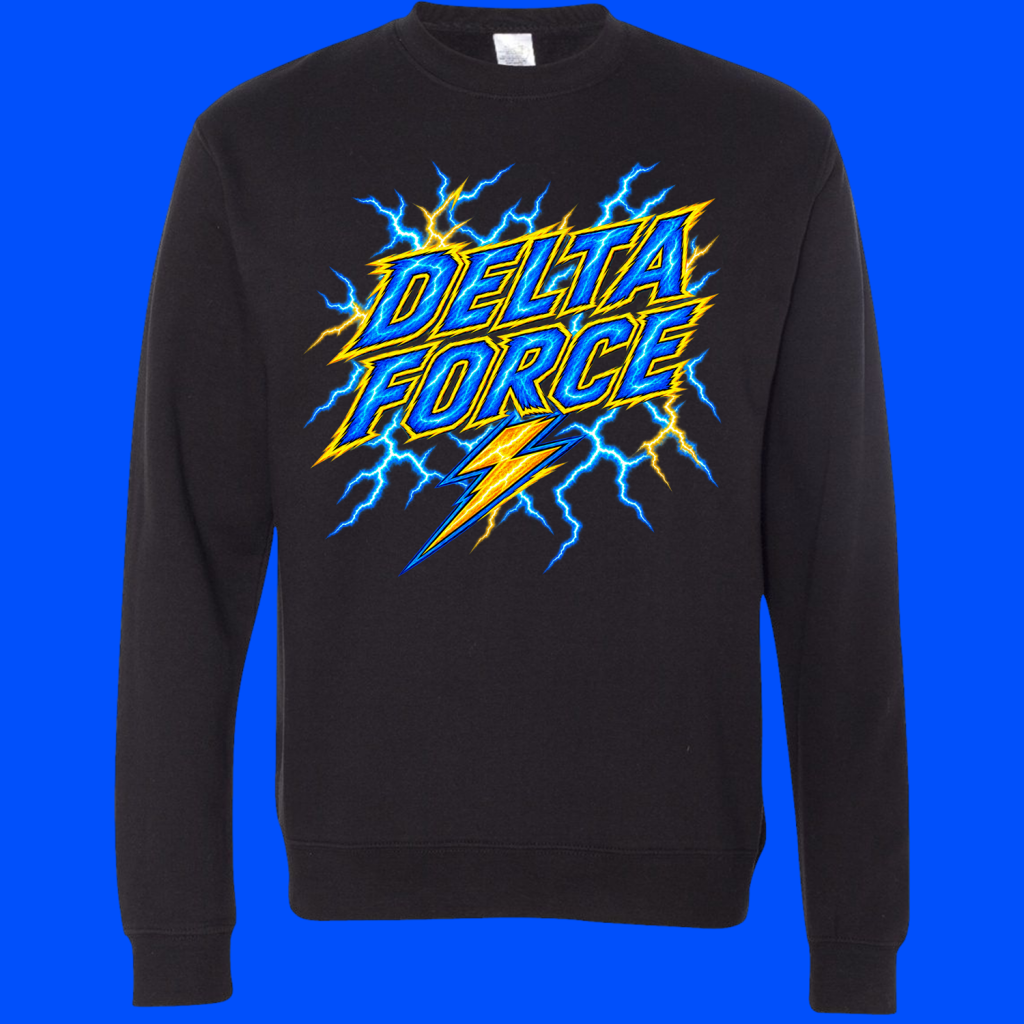 Black sweatshirt featuring a bold blue and yellow 'DELTA FORCE' logo with electric lightning graphics.