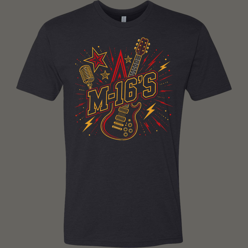 Dark T-shirt featuring a neon rock‑style graphic with a guitar, microphone and explosive red/yellow shapes around the text 'M-16'S'.
