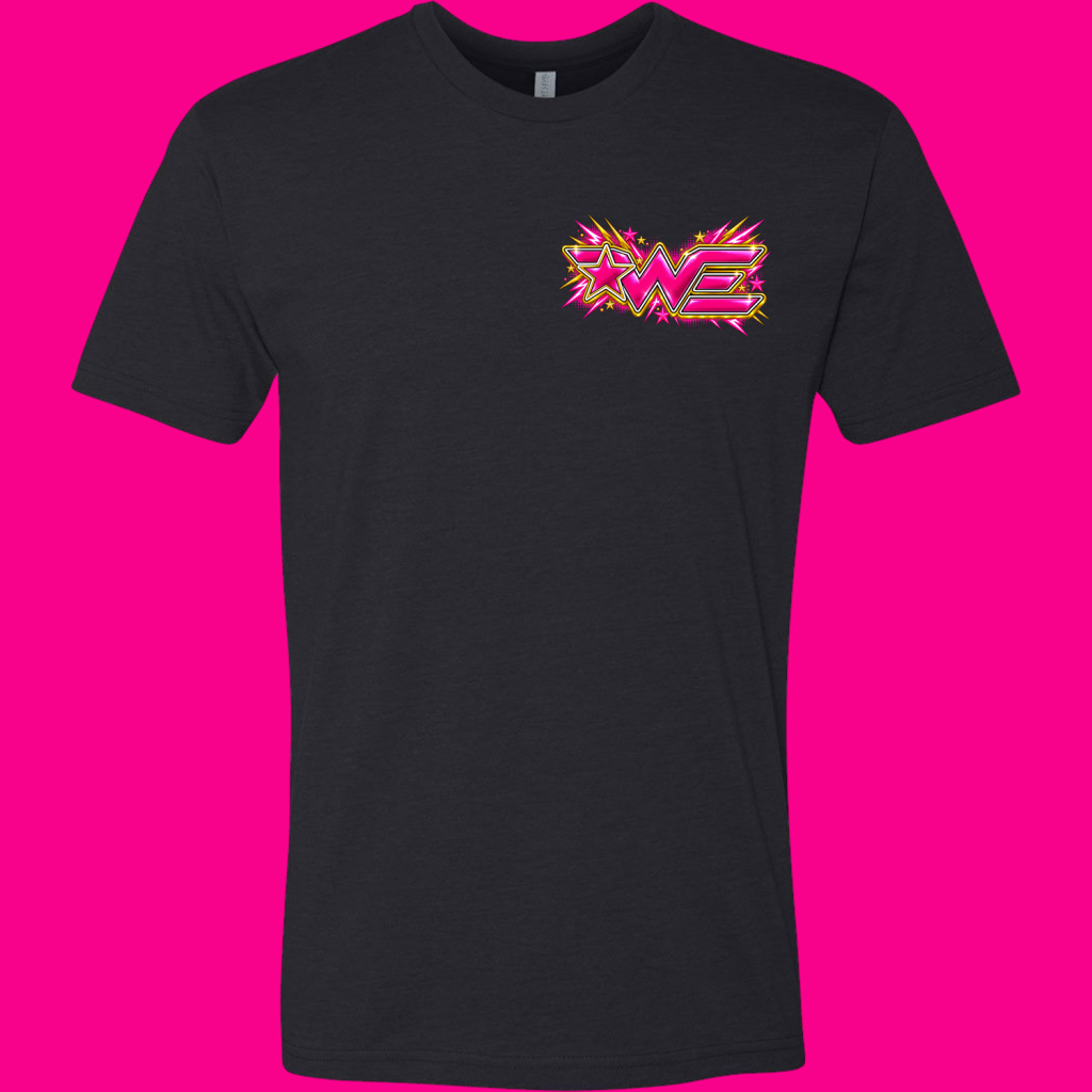 Black T-shirt with a bright neon pink-and-yellow 'WE' graphic on the left chest area.