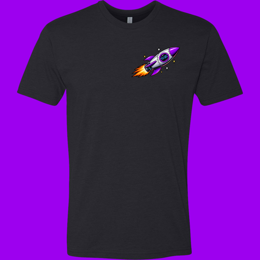 Black t-shirt with a small purple-and-silver rocket graphic on the left chest, surrounded by stars.