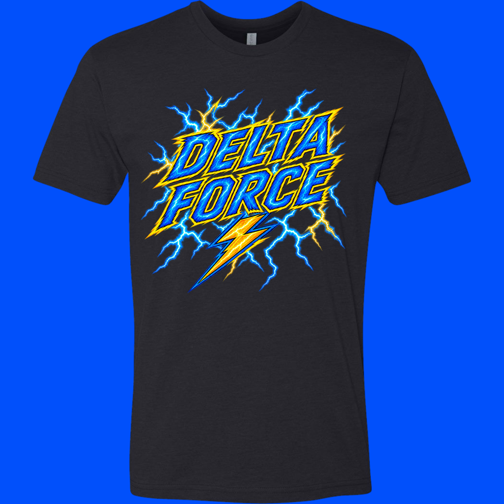 Black T-shirt featuring a bold blue and yellow 'Delta Force' graphic with lightning bolts for a superhero/action vibe