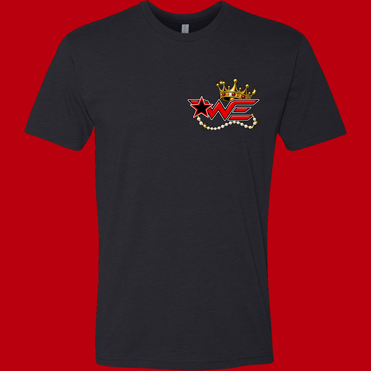 Dark gray T-shirt featuring a logo on the chest: a gold crown above bold red and white 'XWE' lettering with a pearl necklace motif.